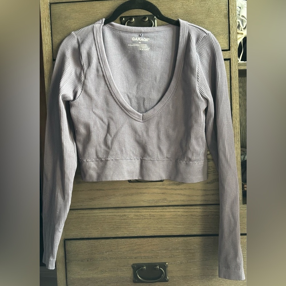 Garage, Women’s Cropped Long Sleeve Ribbed Scoop-Neck Top